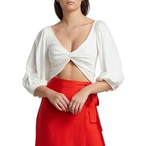 AMUR Oni White Organic Cotton Twist Front Puff Sleeve Crop Top XS